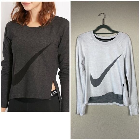 Nike Sphere Dri Fit Long Sleeve Asymmetric Hem Top Heathered Gray Big Swoosh M - Picture 1 of 11